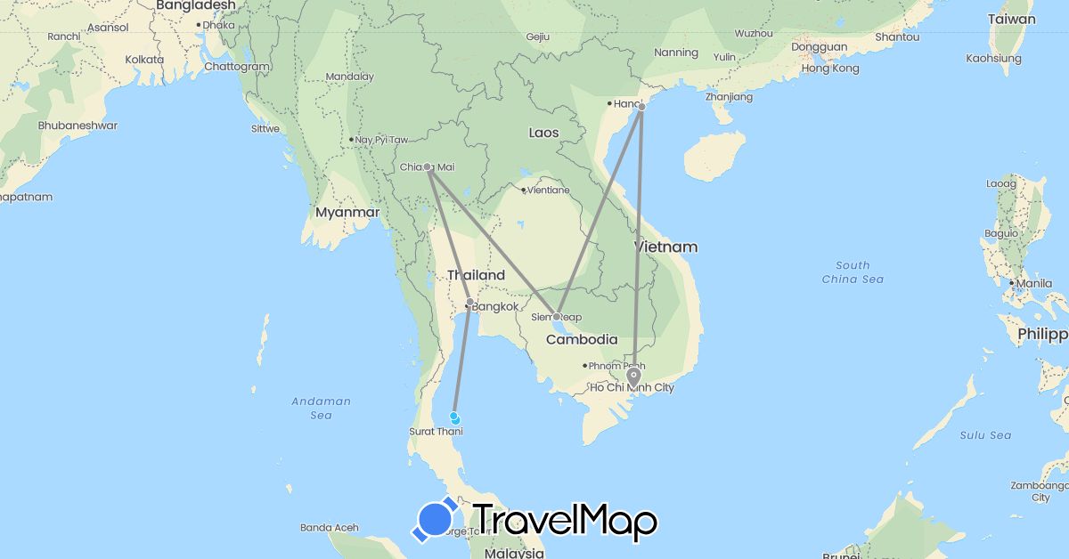 TravelMap itinerary: driving, plane, boat in Cambodia, Thailand, Vietnam (Asia)